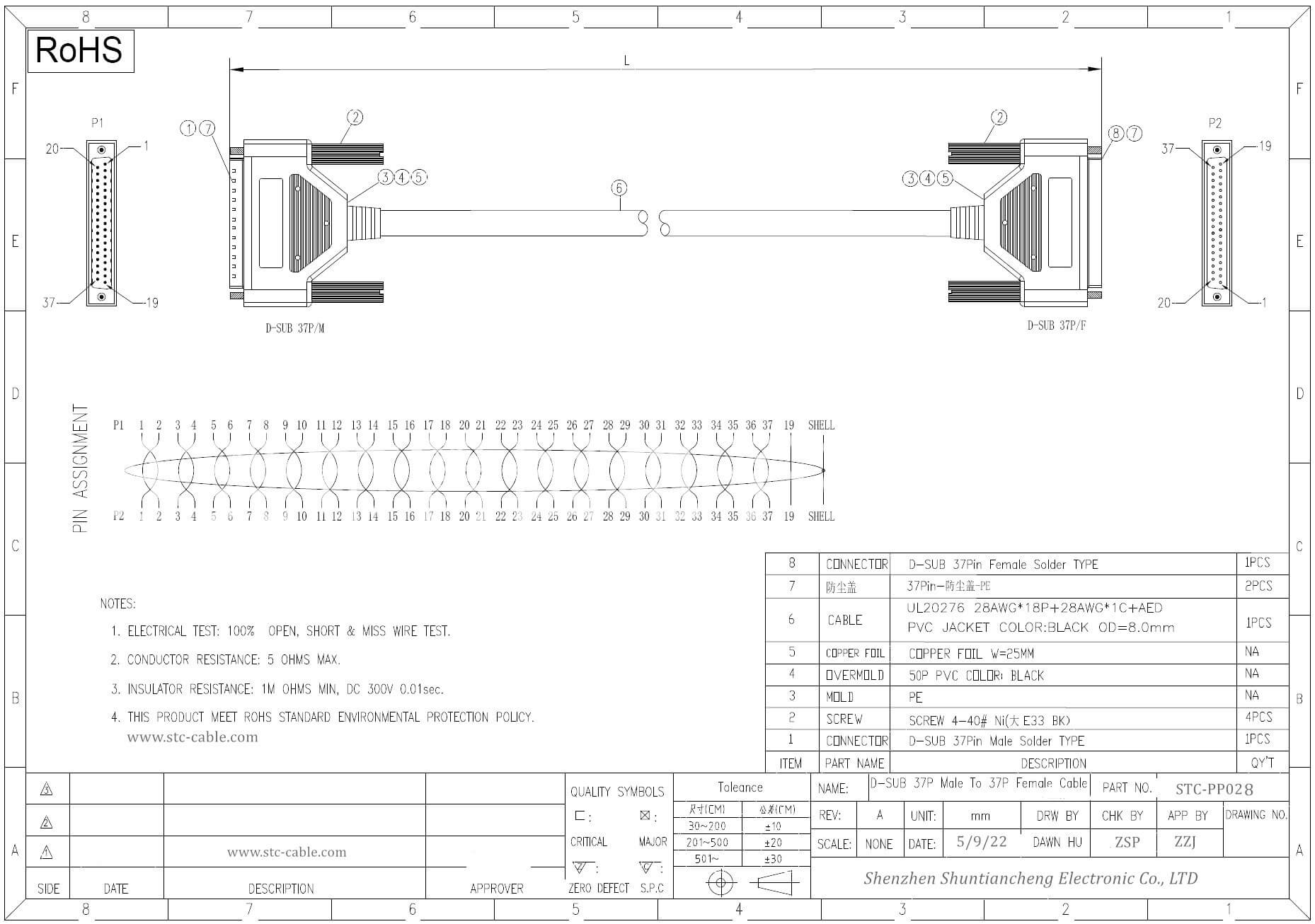 Câble DB37 3 Mètres - Connecteur 37 Broches Mâle Vers Femelle, Contacts Argentés - Pour Transfert De Signal Fiable