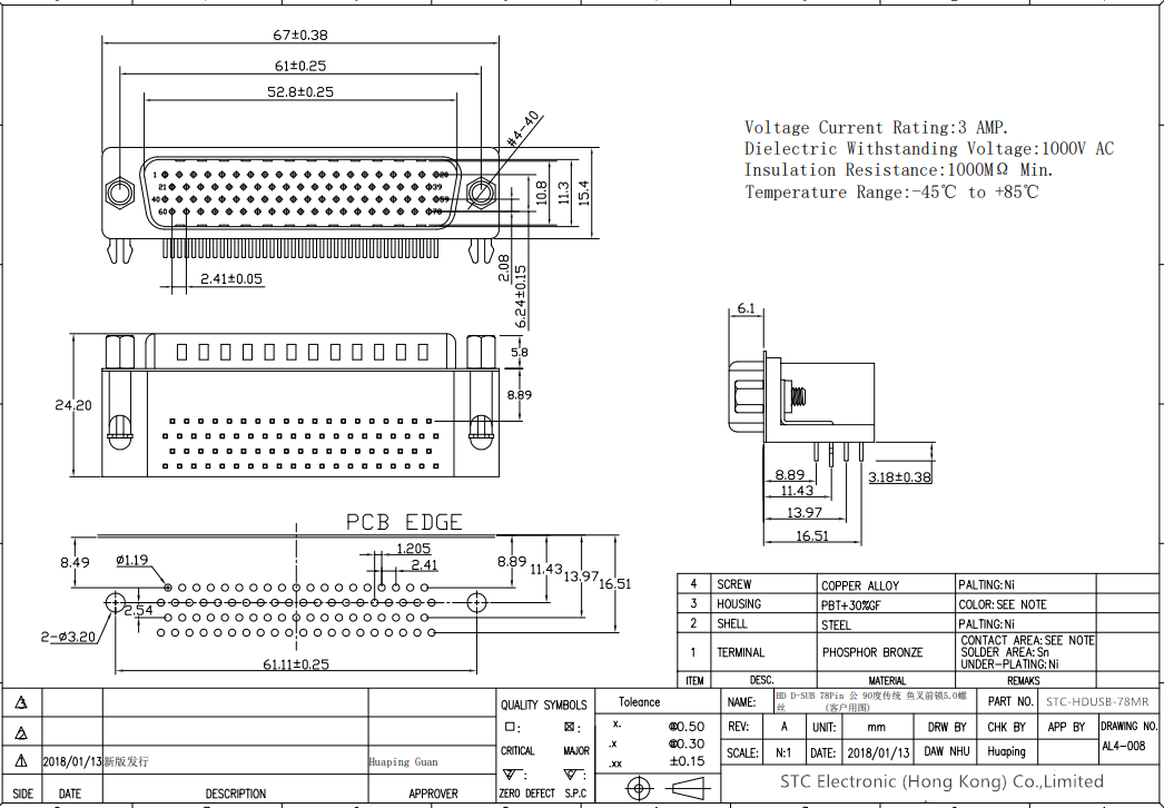High Density right angle DB78 PCB Mount Connector